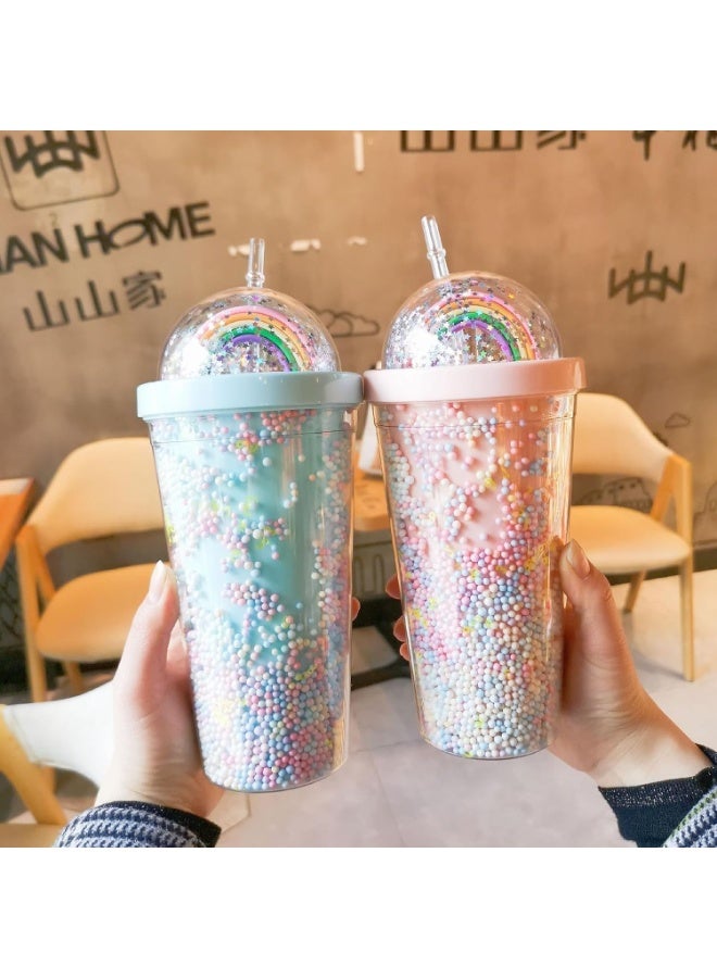 550ml Drinking Water Bottle, Cartoon Cute Cup with Straw, Double Plastic BPA Free Woman Girl Water Bottle, Korean Style Creative Sweet Mug For Milk Coffee Tea Cup (Blue) - Image 4