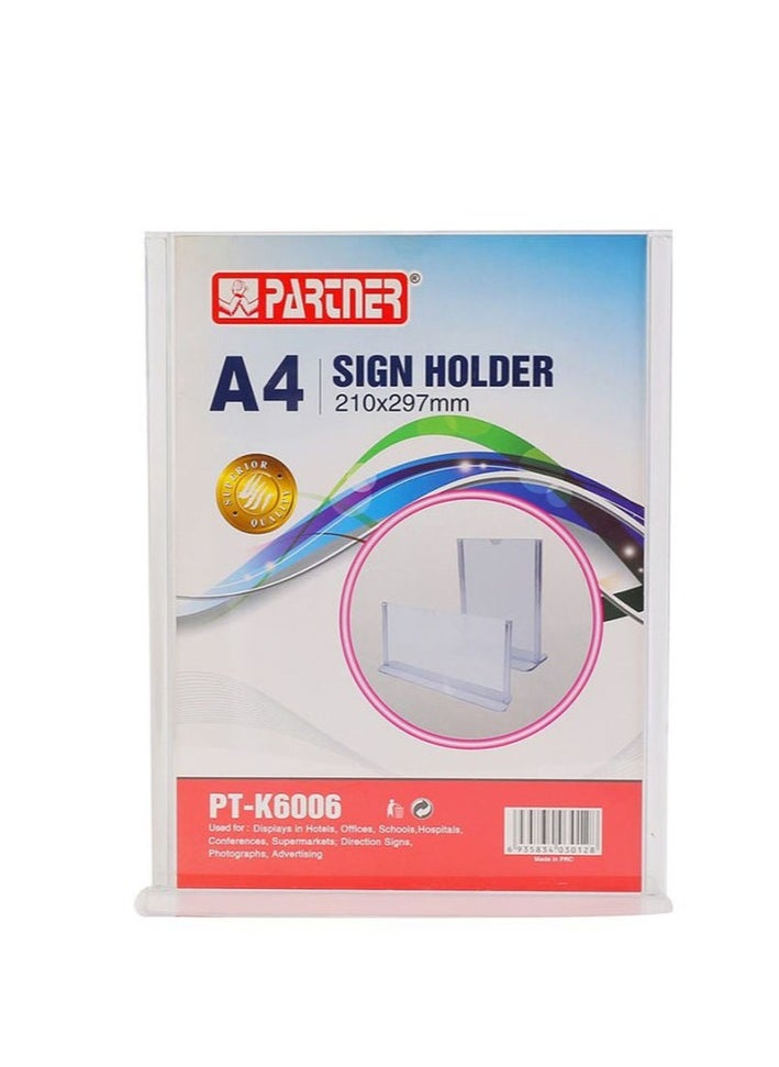 PARTNER - Acrylic Sign Holder A4 - Double Sided Acrylic T Shape Table Top Display Stand, Portrait Style Menu Ad Frame, Clear Picture Frame for Restaurants, Store Promotions, Photo Frames, Classroom, Office - Image 1
