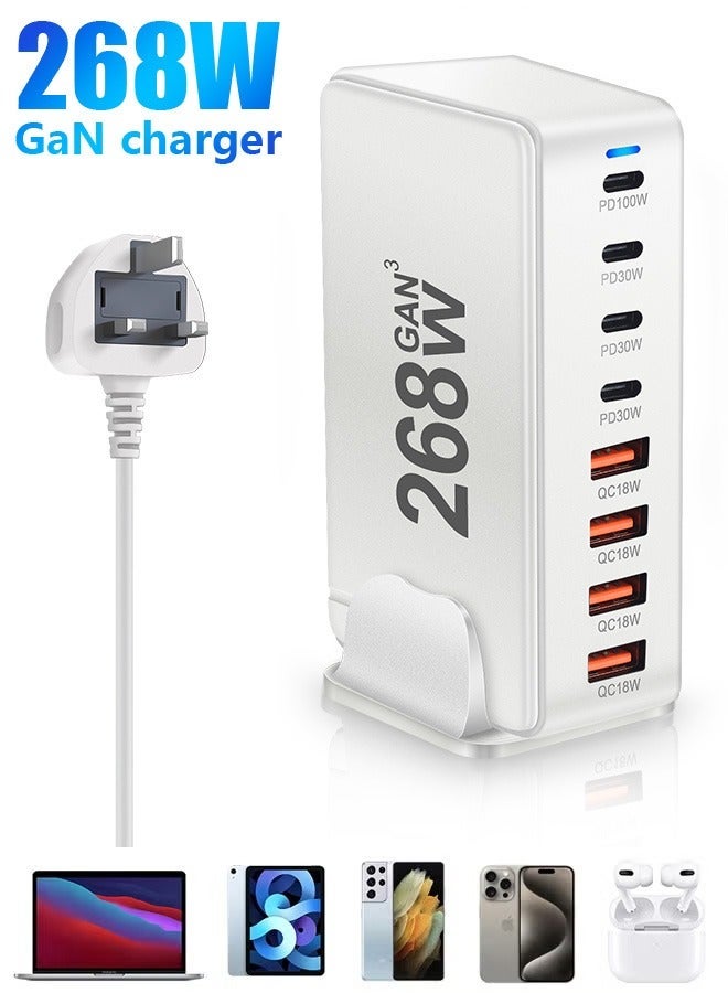 268W GaN Type C Charger,  8 Port Type C Fast Charging Station Hub Block, Wall Charger Power Strip Adapter Plug Cube 5 PD USB C 3 QC USB A Laptop Charger for MacBook Air Sumsung S24 iPhone 15 14  iPad - Image 1