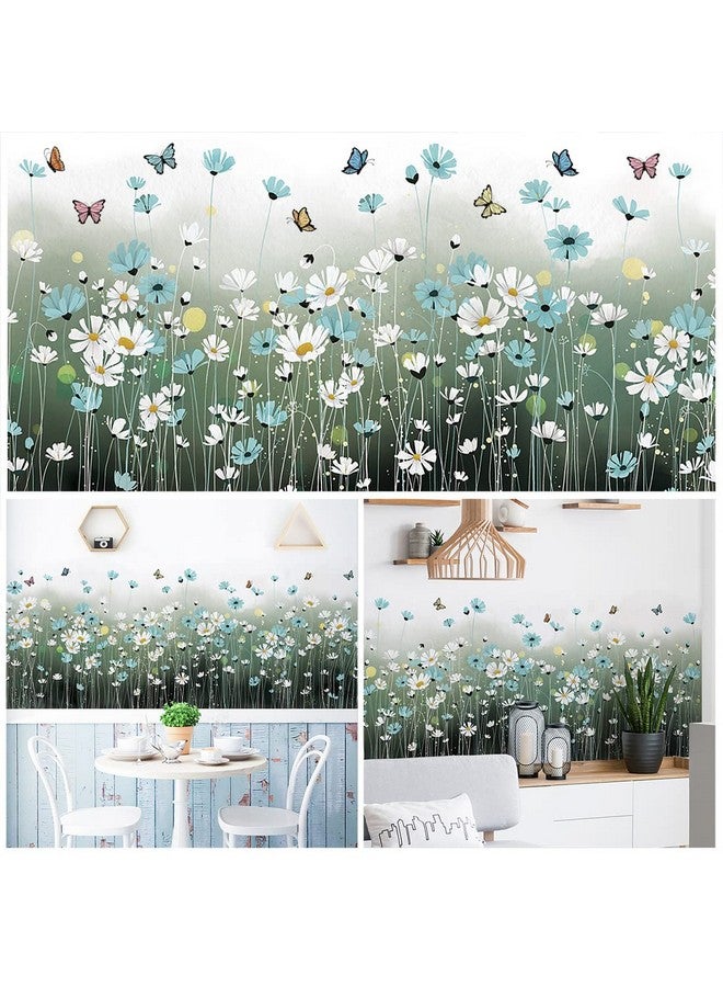 LiveGallery 2 Sheets Blue Daisy Wall Sticker White Flowers Wall Decals DIY Peel and Stick Butterflys Firefly Wall Stickers for Kids Girls Bedroom Living Room Bathroom Nursery Window Door Office Skirting Lines - Image 3