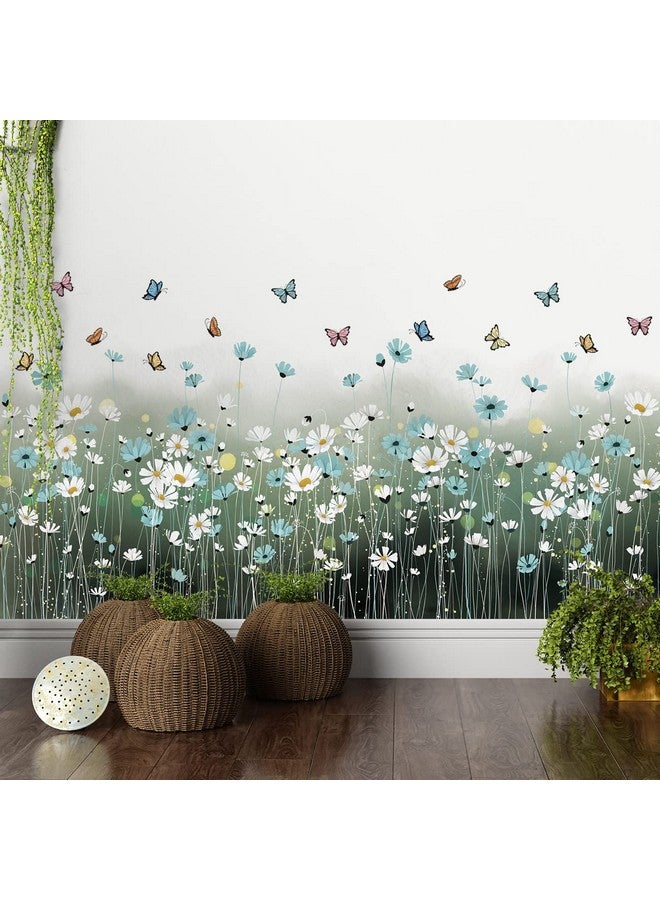 LiveGallery 2 Sheets Blue Daisy Wall Sticker White Flowers Wall Decals DIY Peel and Stick Butterflys Firefly Wall Stickers for Kids Girls Bedroom Living Room Bathroom Nursery Window Door Office Skirting Lines - Image 1