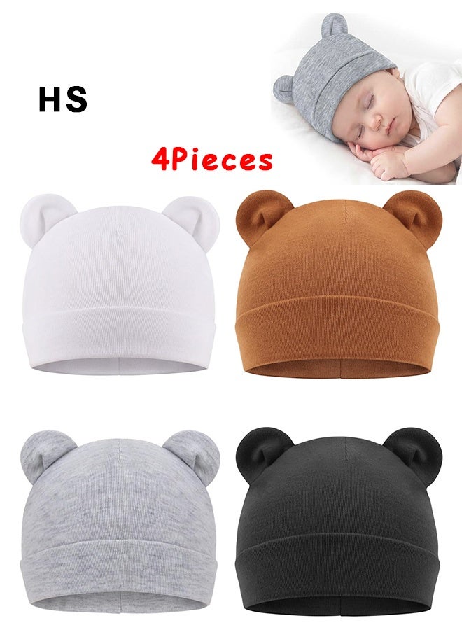HS 4 Pieces Newborn Baby Boys Hospital Hat, Newborn Hospital Hat, Thick Cute Bear Ear Cotton Baby Boy Beanie For 0-6Months - Image 1