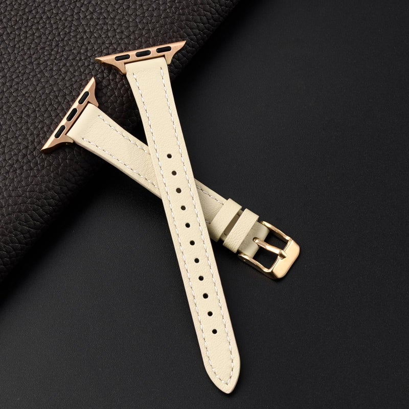 STIROLL Slim Leather Bands Compatible with Apple Watch Band 38mm 40mm 41mm 42mm(Series 10), Top Grain Leather Watch Thin Wristband for iWatch Ultra SE Series 10/9/8/7/6/5/4/3/2/1(Beige with Gold) - Image 2
