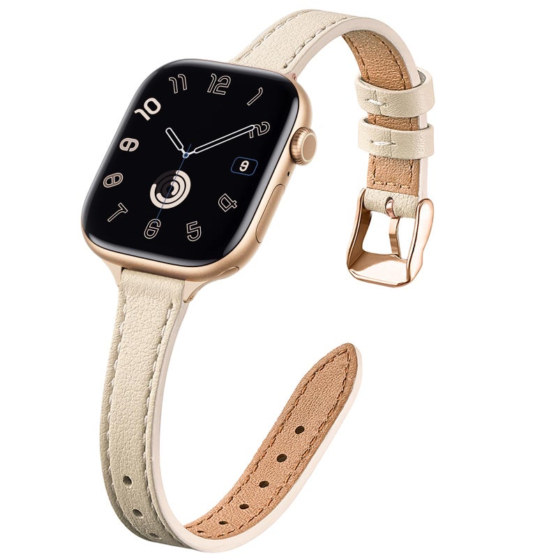 STIROLL Slim Leather Bands Compatible with Apple Watch Band 38mm 40mm 41mm 42mm(Series 10), Top Grain Leather Watch Thin Wristband for iWatch Ultra SE Series 10/9/8/7/6/5/4/3/2/1(Beige with Gold) - Image 1