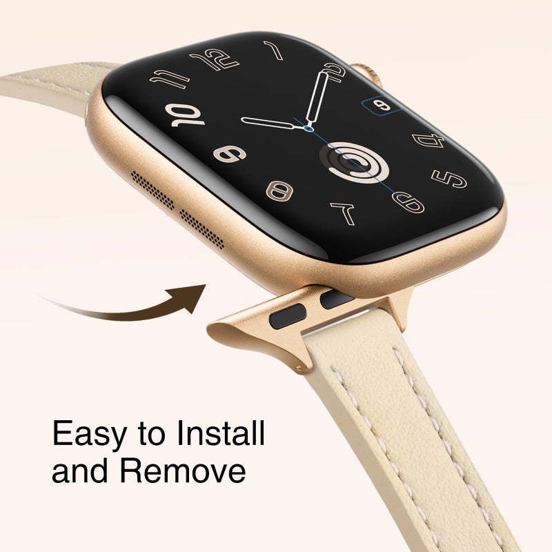STIROLL Slim Leather Bands Compatible with Apple Watch Band 38mm 40mm 41mm 42mm(Series 10), Top Grain Leather Watch Thin Wristband for iWatch Ultra SE Series 10/9/8/7/6/5/4/3/2/1(Beige with Gold) - Image 4
