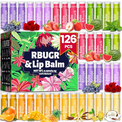 RBUGR 126 Pcs Lip Balm Bulk, 12 Flavored Pack of Lip Balms Pack Natural Moisturising Organic Lip Balm Set for Cracked Lips, Bulk Gifts Stocking Stuffers Party Favors(4.2g/0.15oz) - Image 1