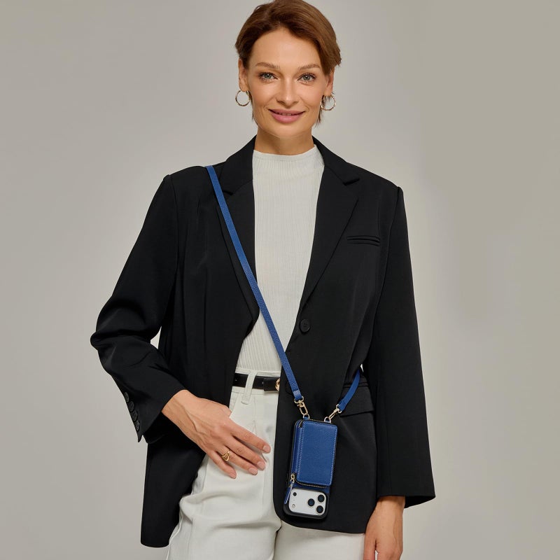 ZVE for iPhone 17 Pro Case Wallet with Crossbody Strap, Card Holder Leather Phone Cover with Wrist Strap 6.3" Navy Blue - Image 3