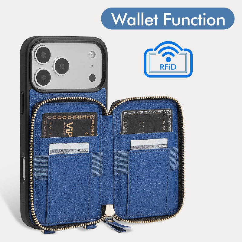 ZVE for iPhone 17 Pro Case Wallet with Crossbody Strap, Card Holder Leather Phone Cover with Wrist Strap 6.3" Navy Blue - Image 2