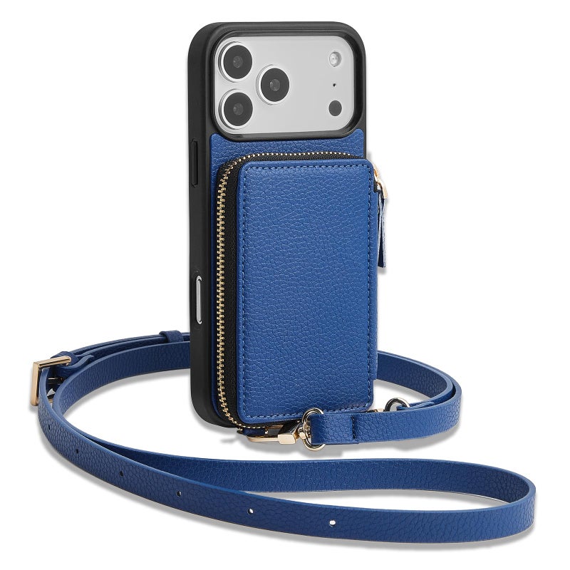 ZVE for iPhone 17 Pro Case Wallet with Crossbody Strap, Card Holder Leather Phone Cover with Wrist Strap 6.3" Navy Blue - Image 1