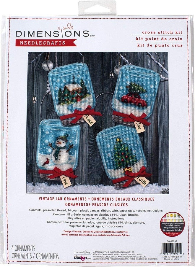 Dimensions 70-08997 Holiday Jar Christmas Ornament Cross Stitch Kit, 3" x 7", 14 Count Clear Plastic Canvas, Various - Image 1