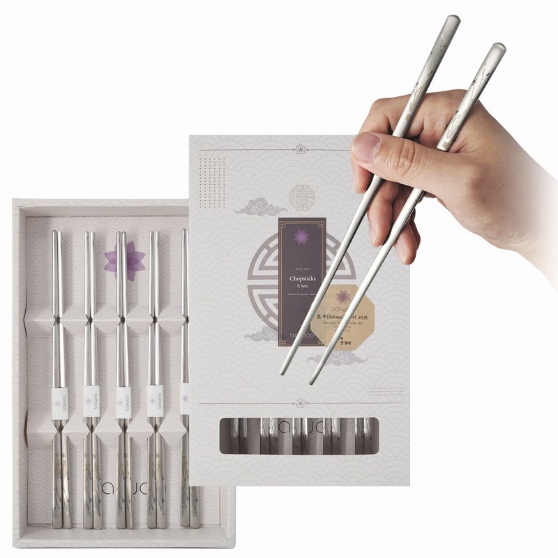 BALWOO Korean Flat Chopsticks 5 SetsMade in Korea 304 Premium Stainless Steel Mukbang Utensil Cutlery Silverware Metal Chopsticks Orchid Painting