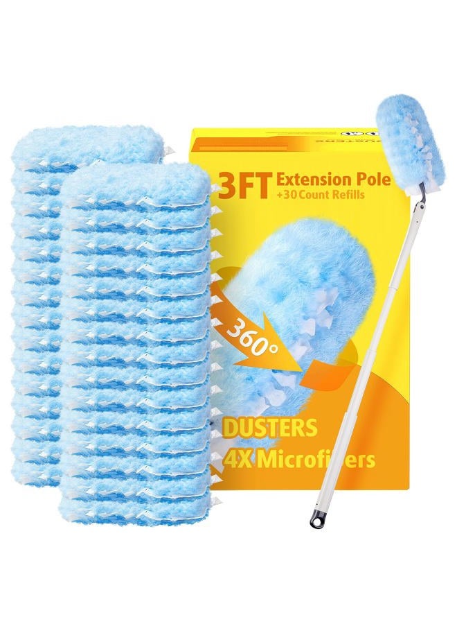 AIR U+ 30 Count Heavy Duty Duster Refills with 3 ft Extendable Handle Starter Kit, Compatible with Swiffer Disposable Microfiber Feather Dusters for Cleaning Home - Image 1