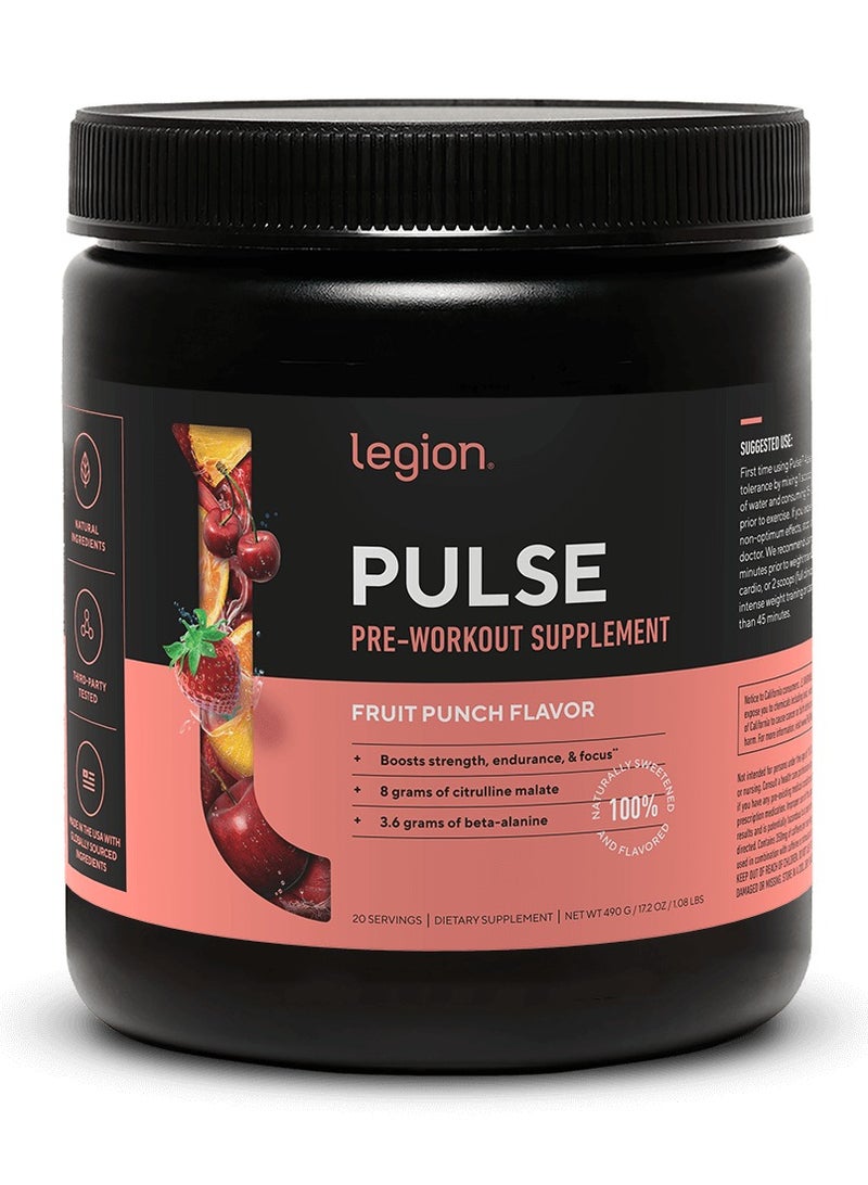 Legion Athletics Pulse Pre-Workout Supplement, Fruit Punch, Naturally Sweetened & Flavored, Increases energy & focus, Enhances strength & endurance, Reduces fatigue - 20 Servings | Dietary Supplement | NET WT 490G/ 17.2 0z/ 1.08 Lbs - Image 1