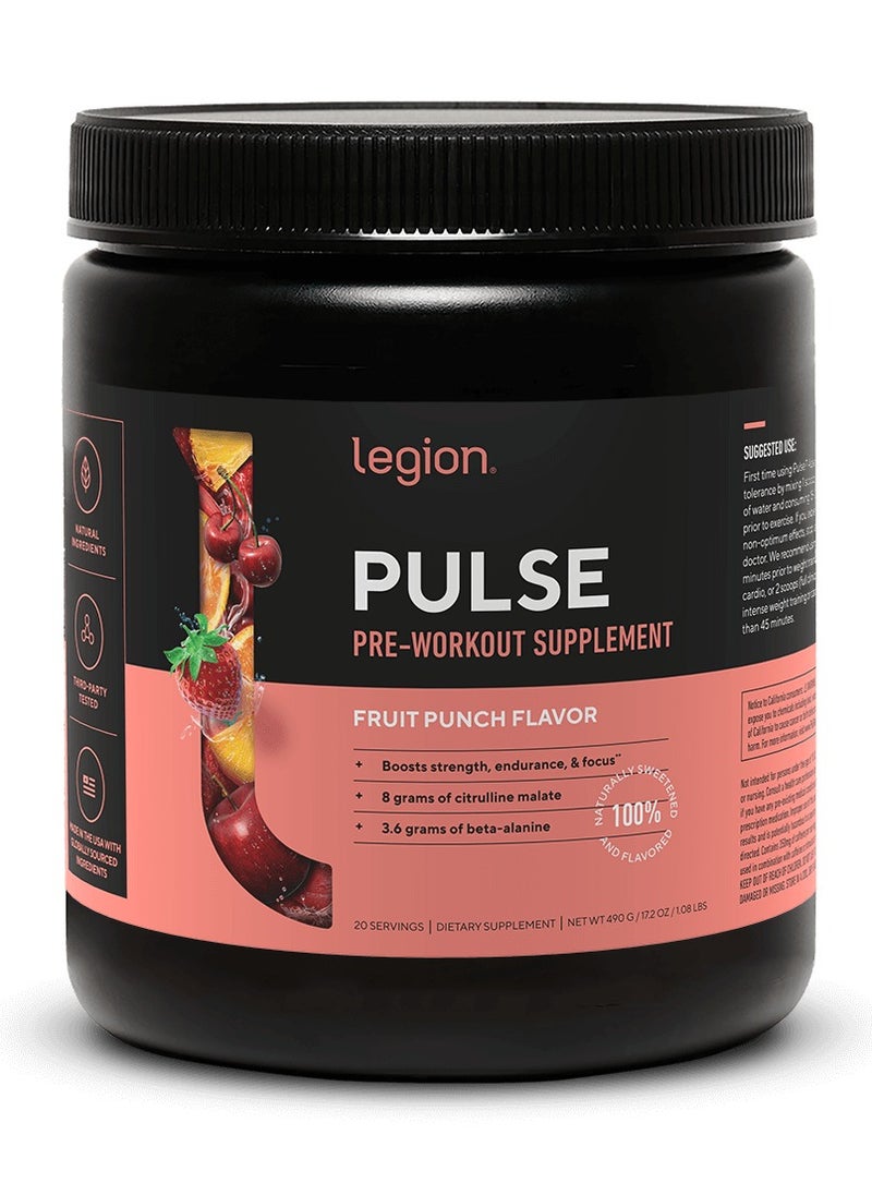 Legion Athletics - Pulse Pre Workout For Boosts Strength, Endurance & Focus, with 8g of Citrulline Malate, 3.6 g of Beta-Alanine, 20 Servings 490 g(1.08 Lbs)- Fruit Punch Flavor - Image 1