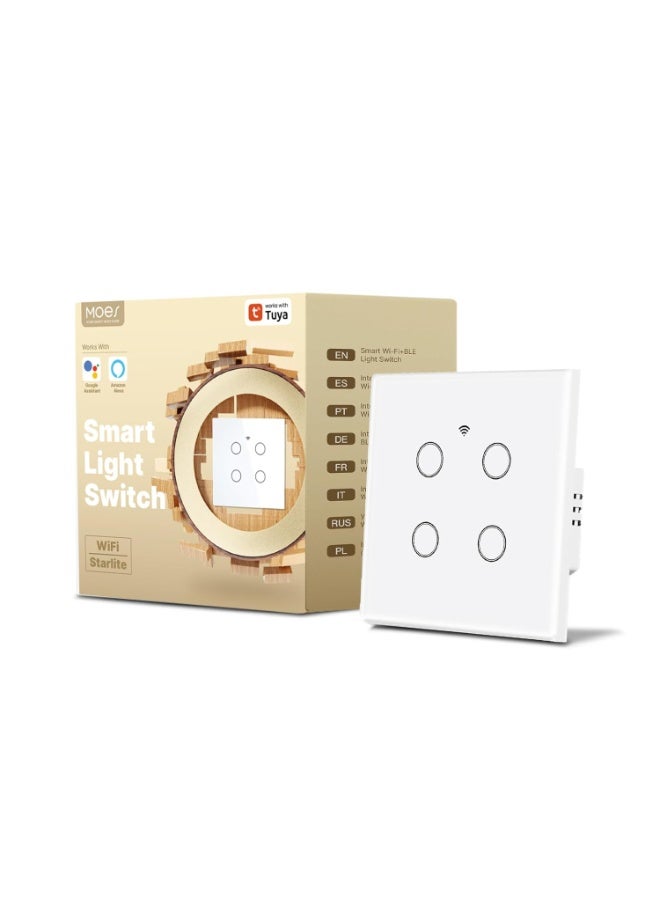 TUYA MOES Tuya WiFi Smart Touch Switch – 4 Gang | Sleek Glass Panel, Neutral/No-Neutral Installation (Capacitor Included), Smart Life App Control - Image 1