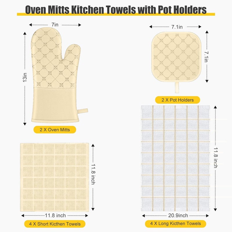 BSKSSK Oven Mitts Kitchen Towels Dishcloths with Pot Holders Sets 12PCS  Dish Towels Sets  Oven Gloves Pot Pads Heat Resistant 500 Degrees with Non-Slip Silicone Surface for Cooking Baking Grilling-Beige - Image 1