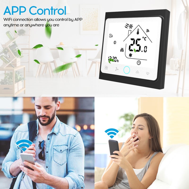 مكبر حرارة غرفة ذكي صوتي بشبكة واي فاي ثنائي الأنابيب، متحكم حراري رقمي قابل للبرمجة لمكيف الهواء (النموذج BAC-002ALW، باللونين الأسود والأبيض) - Image 4