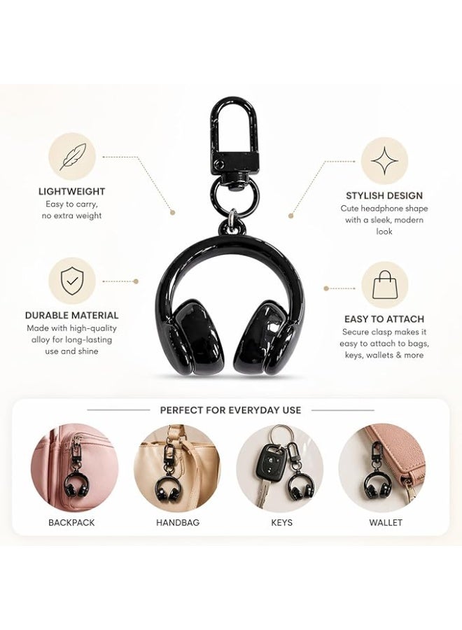 Headphones Keychain for Women, 3D Cute Bag Charm Key Holder for Handbags, Backpacks & Car Keys, Black - Image 2