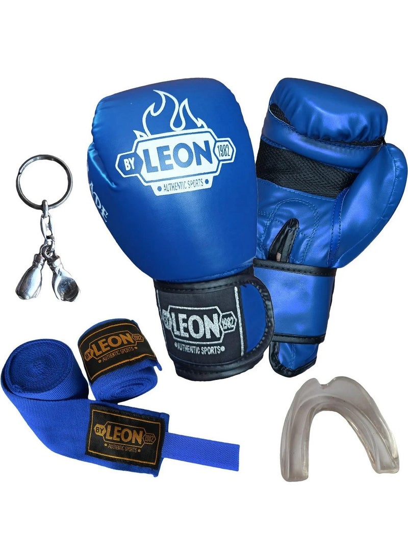 By Leon 1982 Leon Blade Training Boxing Gloves, Bandage Mouthguard Keychain Set Blue 