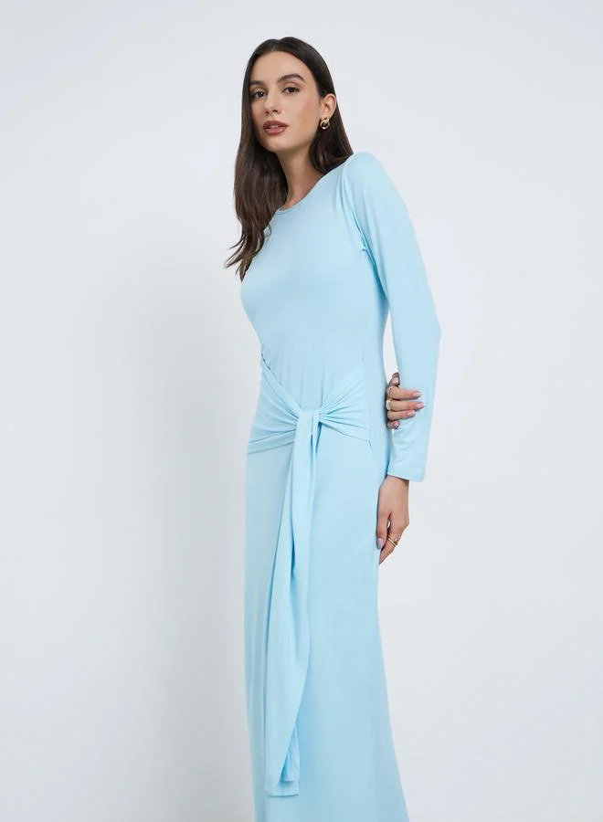 Styli Styli Sky Blue Solid Waist Tie Maxi Dress