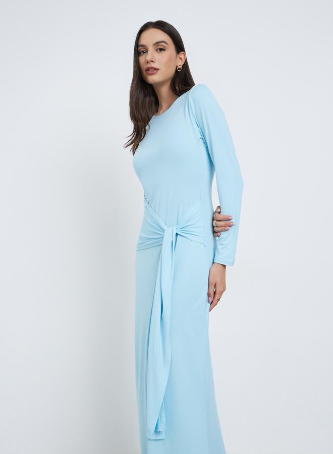 Styli Sky Blue Solid Waist Tie Maxi Dress - Image 3