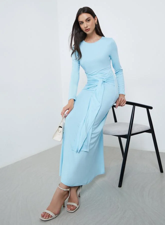 Styli Styli Sky Blue Solid Waist Tie Maxi Dress