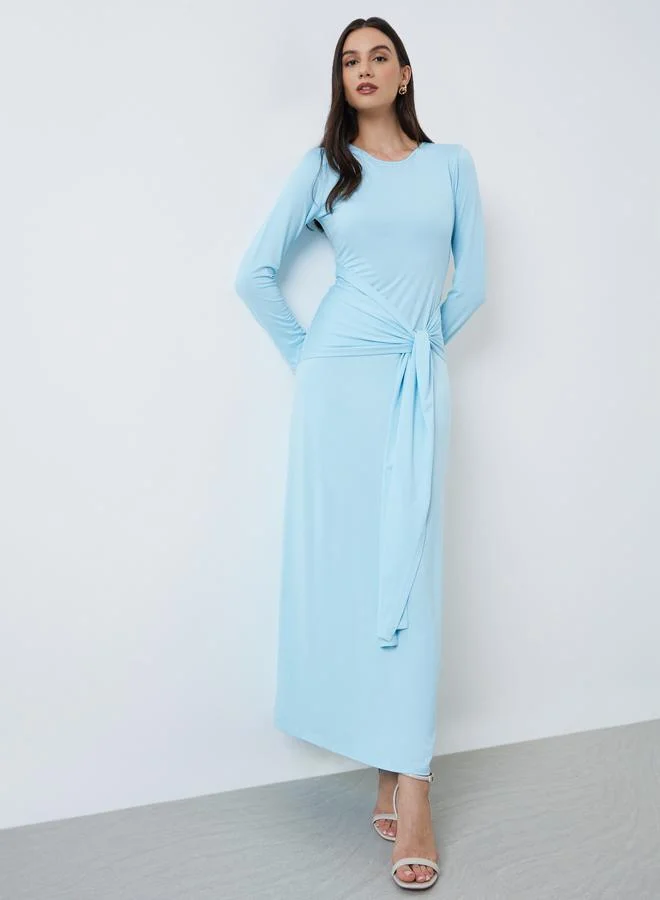Styli Styli Sky Blue Solid Waist Tie Maxi Dress