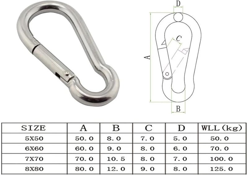 20pcs Marine Carabiner 304 Stainless Steel Hook Clip 5mm 6mm 7mm 8mm Rigging Hardware Heavy Duty for Hammock Hanging Hook - Image 2