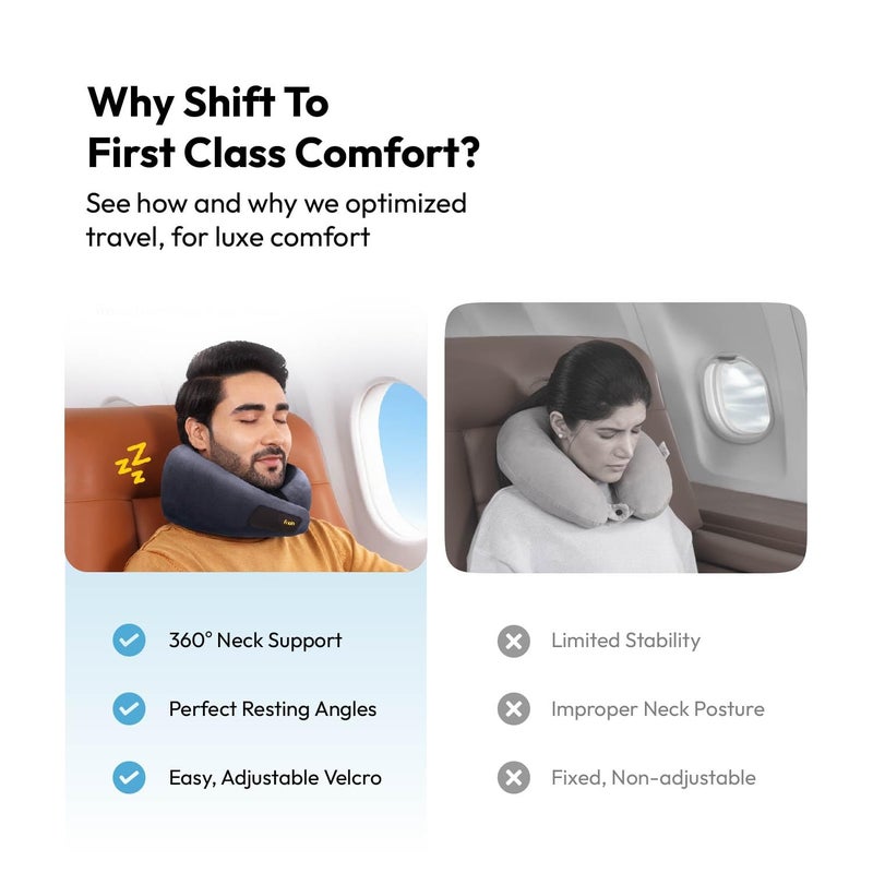 Frido وسادة عنق سفر، 100% فوم هاي-بير، وسادة دعم عنق خفيفة الوزن، وسادة عنق للسفر بالطائرة، وسادة عنق فوم ميموري للسيارة، أحزمة فيلكرو قابلة للتعديل، حقيبة سفر مجانية (رمادي مزرق) - Image 2