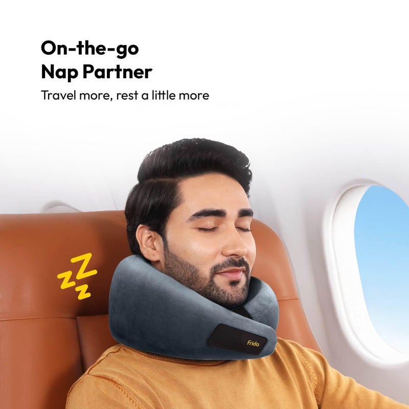Frido وسادة عنق سفر، 100% فوم هاي-بير، وسادة دعم عنق خفيفة الوزن، وسادة عنق للسفر بالطائرة، وسادة عنق فوم ميموري للسيارة، أحزمة فيلكرو قابلة للتعديل، حقيبة سفر مجانية (رمادي مزرق) - Image 4