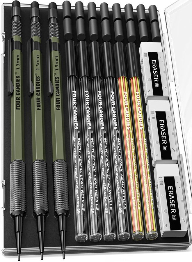 Four Candies 3 Piece 1.3 mm Mechanical Pencil Set with Case, Metal Carpenter's Pencils with 48 Refills (Red, Black, Yellow), Erasers, Weatherproof Case for Marking Outdoors - Image 1