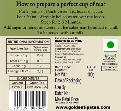 Golden Tips Premium Green Tea with Ripe Peach Flavor, Refreshing Antioxidant-Rich Loose Leaf Tea Tin Can, Aromatic & Fruity with Mild Color, Soothing Aftertaste (100 Gram, 50 cups) - Image 4