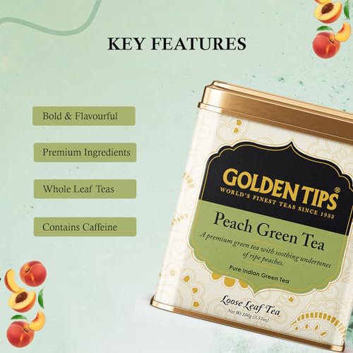 Golden Tips Premium Green Tea with Ripe Peach Flavor, Refreshing Antioxidant-Rich Loose Leaf Tea Tin Can, Aromatic & Fruity with Mild Color, Soothing Aftertaste (100 Gram, 50 cups) - Image 2