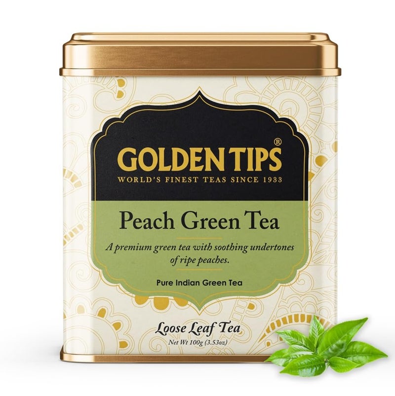 Golden Tips Premium Green Tea with Ripe Peach Flavor, Refreshing Antioxidant-Rich Loose Leaf Tea Tin Can, Aromatic & Fruity with Mild Color, Soothing Aftertaste (100 Gram, 50 cups) - Image 5