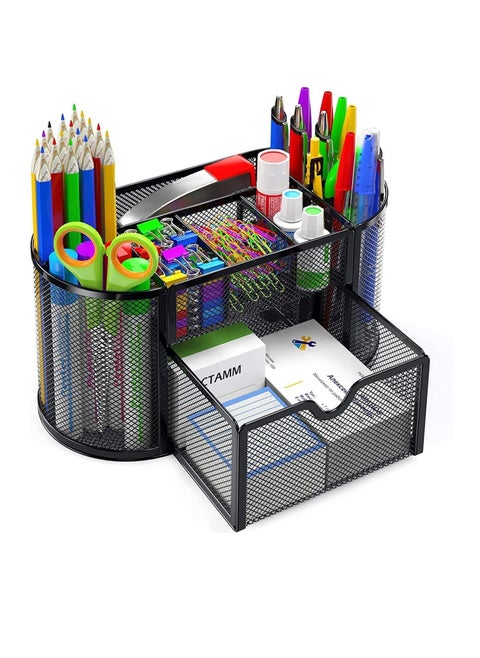 Mesh Desk Organizer Desktop Organizer with 8 Compartments and 1 Drawer Multi functional Caddy Pen Holder Office Supplies Organizer for Home School Classroom