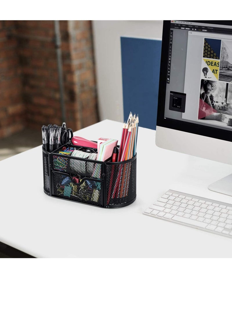 erorex - Mesh Desk Organizer Desktop Organizer with 8 Compartments and 1 Drawer Multi functional Caddy Pen Holder Office Supplies Organizer for Home School Classroom - Image 1