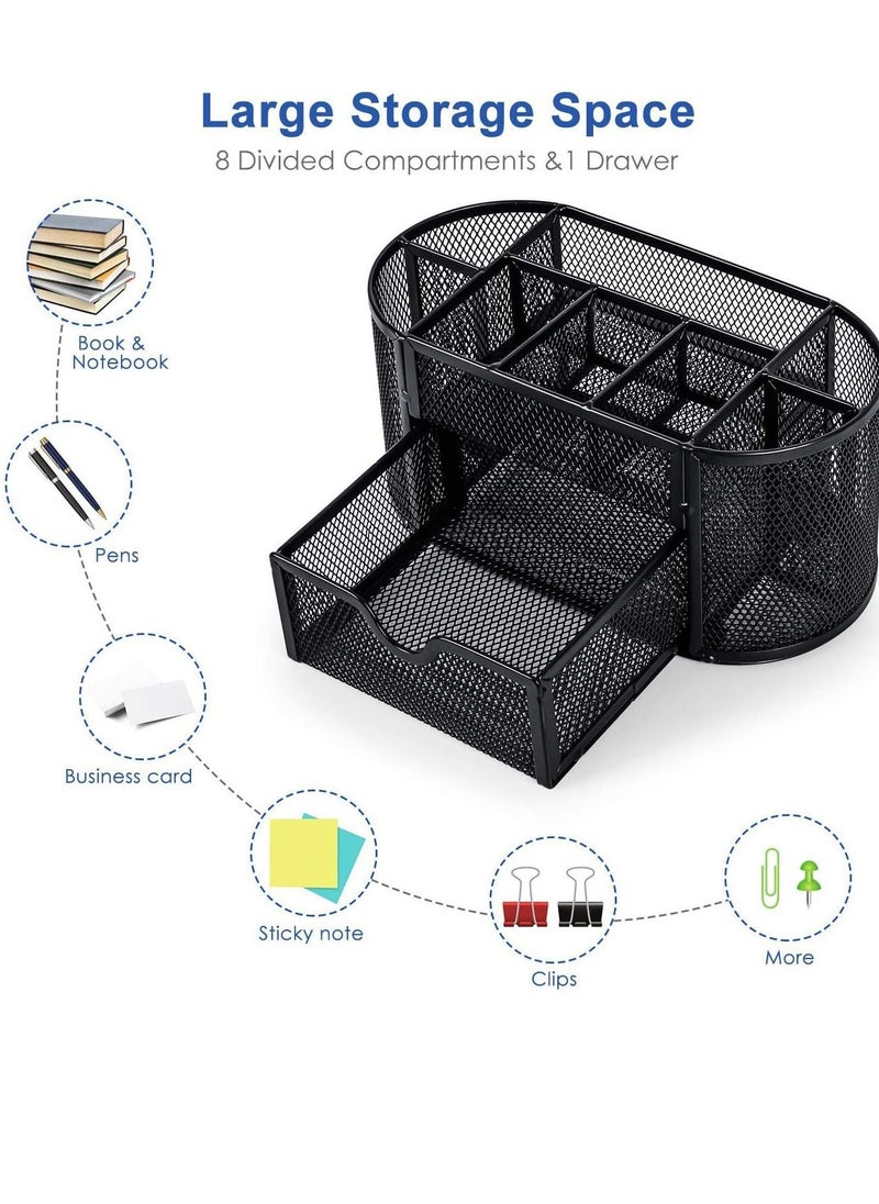 erorex - Mesh Desk Organizer Desktop Organizer with 8 Compartments and 1 Drawer Multi functional Caddy Pen Holder Office Supplies Organizer for Home School Classroom - Image 1