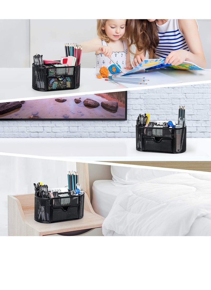 erorex - Mesh Desk Organizer Desktop Organizer with 8 Compartments and 1 Drawer Multi functional Caddy Pen Holder Office Supplies Organizer for Home School Classroom - Image 1