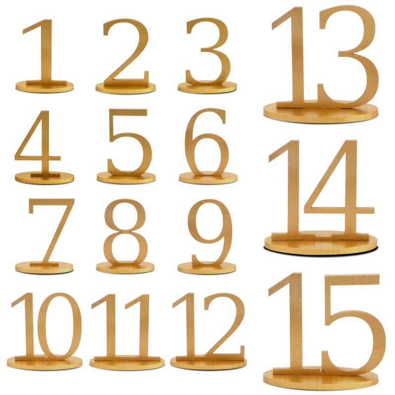XUWAIDSGN Gold Table Numbers 1-15 with Oval Base Rustic Table Numbers for Wedding Reception 5 Inch High Gold Wedding Signs Holders Stands for Banquets Anniversary Parties - Image 1