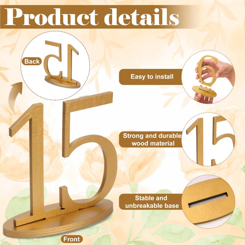 XUWAIDSGN Gold Table Numbers 1-15 with Oval Base Rustic Table Numbers for Wedding Reception 5 Inch High Gold Wedding Signs Holders Stands for Banquets Anniversary Parties - Image 2