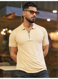 Maniac Mens Solid Polo Neck Half  Zipper Half  Sleeve Beige Slim Fit T-Shirt  - Image 1