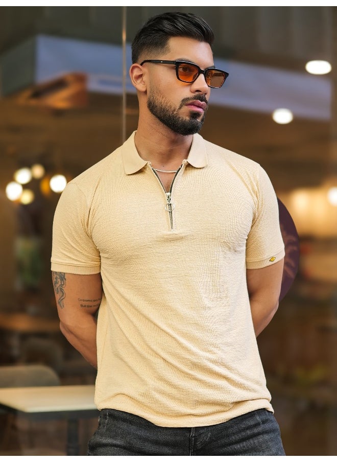 Maniac - Mens Solid Polo Neck Half  Zipper Half  Sleeve Beige Slim Fit T-Shirt - Image 1
