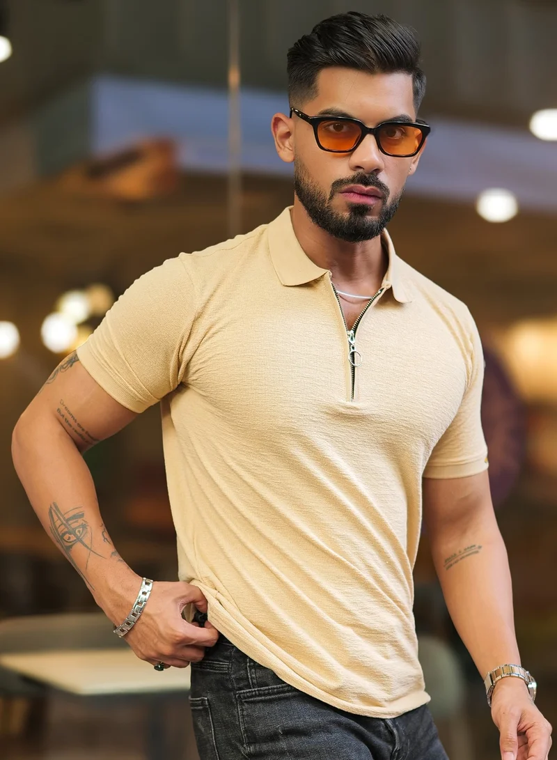 Maniac Mens Solid Polo Neck Half  Zipper Half  Sleeve Beige Slim Fit T-Shirt