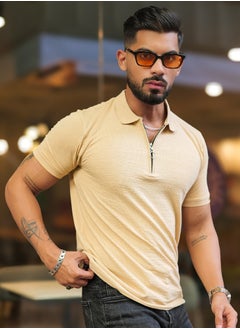 Maniac Mens Solid Polo Neck Half  Zipper Half  Sleeve Beige Slim Fit T-Shirt  - Image 3