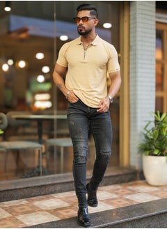 Maniac Mens Solid Polo Neck Half  Zipper Half  Sleeve Beige Slim Fit T-Shirt  - Image 5