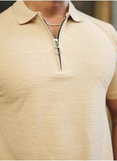 Maniac Mens Solid Polo Neck Half  Zipper Half  Sleeve Beige Slim Fit T-Shirt  - Image 4
