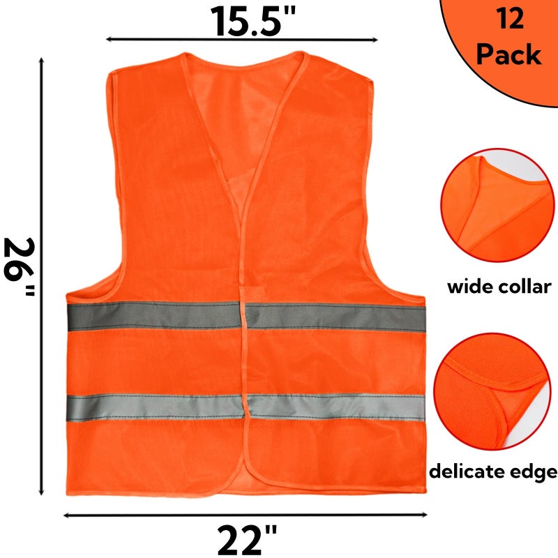 Tlence 12 Pack Orange High Visibility Safety Vests, Security Vest with 2 Reflective Silver Strips, Hi Vis Construction Vests Bulk, Man Woman Mesh Emergency Vest for Outdoor Work Running Cycling - Image 2
