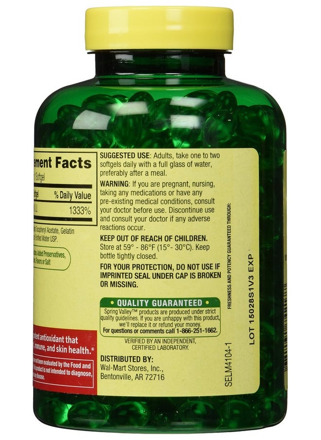 SPRING VALLEY - E Vitamin Dietary Supplement Softgels 500 Ct - Image 1