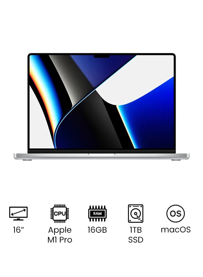 ابل  ماك بوك برو MK1F3، شاشة ليكويد ريتينا XDR مقاس 16 بوصة، معالج M1 برو، وحدة معالجة مركزية بعشرة أنوية ووحدة معالجة رسومات بستة عشر نواة، ذاكرة وصول عشوائي 16 جيجابايت، قرص صلب SSD بسعة 1 تيرابايت، يدعم اللغتين الإنجليزية والعربية، لون فضي الإنجليزية/العربية فضي - Image 1