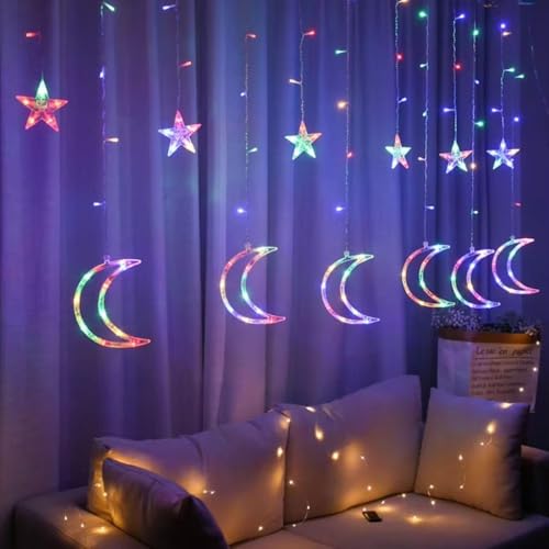 KHIZAR Star Moon LED Curtain String Lights | Eid Mubarak Ramadan Islamic Decor for Home, Window & Wall | Warm White Fairy Lights for Muslim Party, Nikah, Christmas & Festival Decoration (Multi Color) - Image 1
